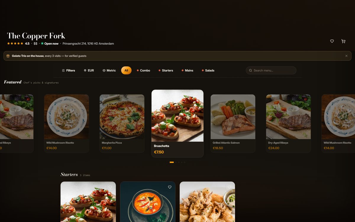 Digital menu on a laptop showing dish photography, prices in euros, category filters and a featured carousel