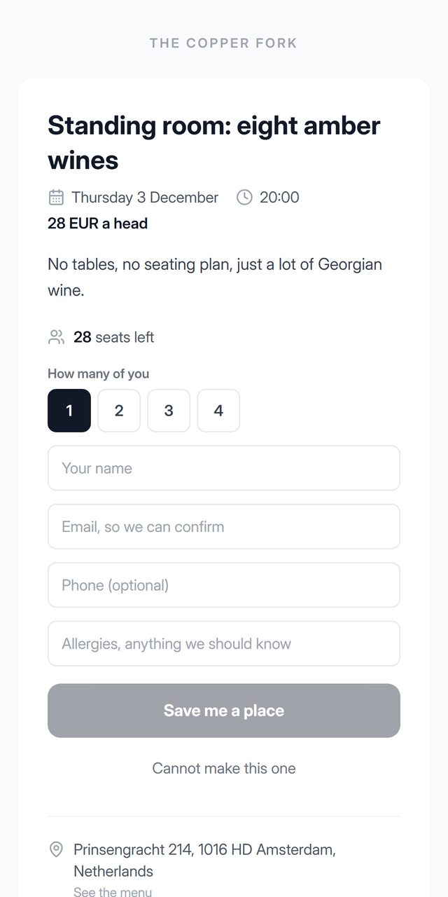 An invitation on a phone for a standing event, showing that the room is run without a seating plan