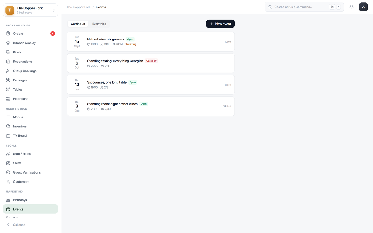 Events screen listing upcoming evenings with their date, capacity and whether each is published or cancelled