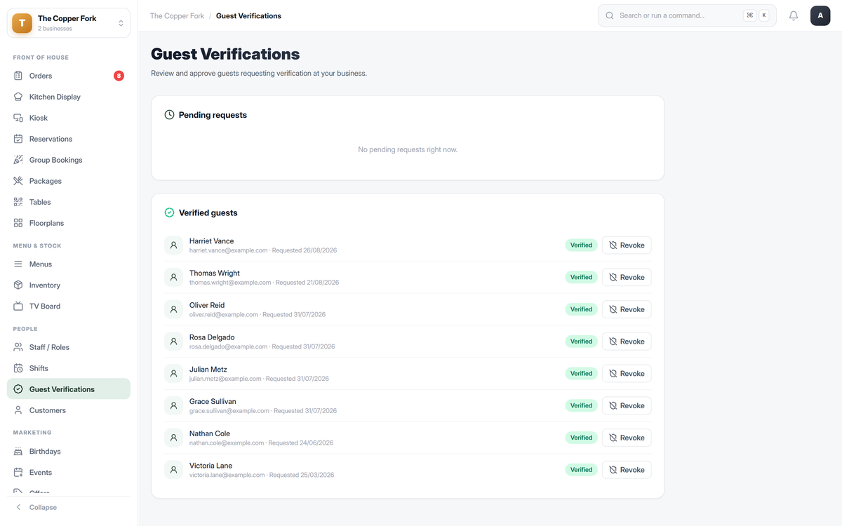Guest verifications screen listing requests with their status and buttons to approve or decline each