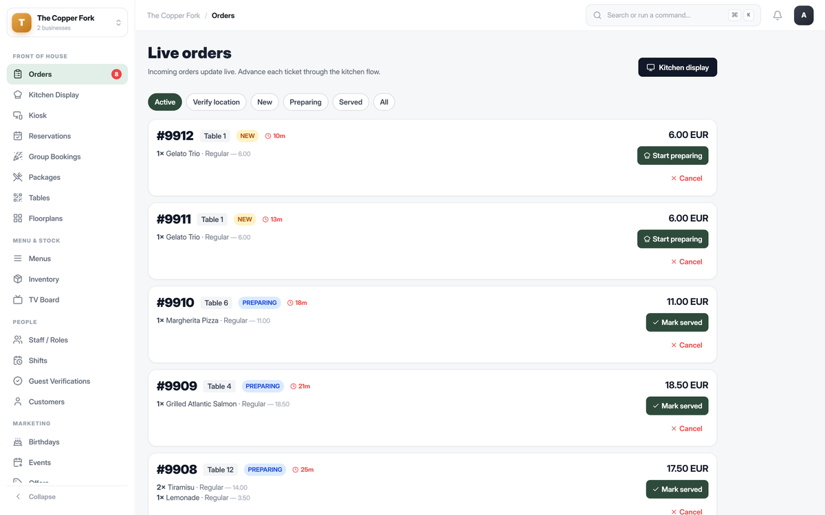 Live orders board listing open orders with the table each belongs to and its current status
