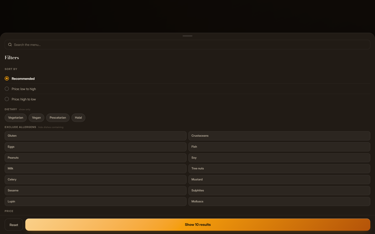 Menu filter panel with checkboxes for each of the fourteen EU allergens and dietary options