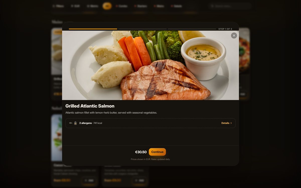 Item detail on the guest menu with required choices, optional extras and a price that updates as the guest builds the dish