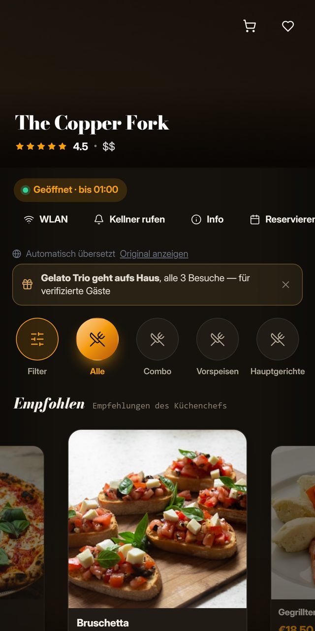 The same guest menu on a phone in German, with category names and opening hours translated
