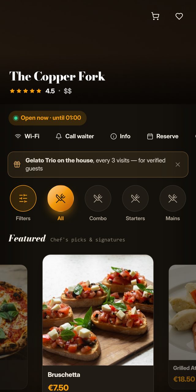 The guest menu on a phone in English, showing the venue open until 2am and dish photography