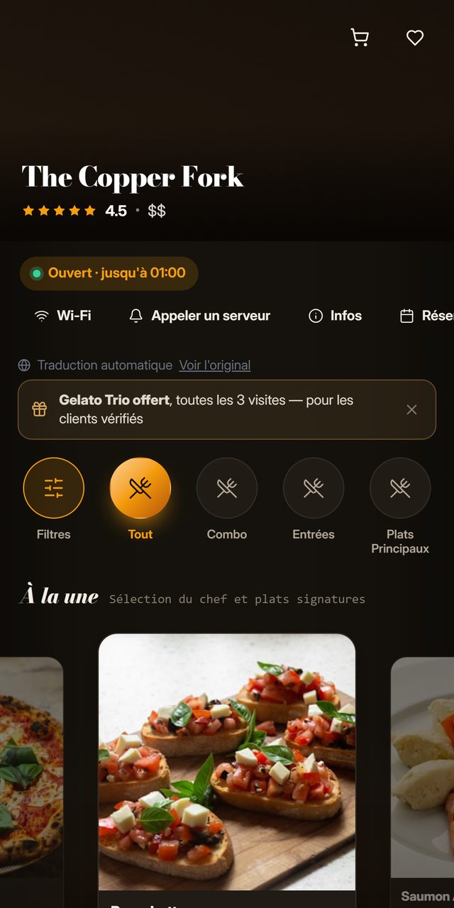The same guest menu on a phone in French, with category names and opening hours translated