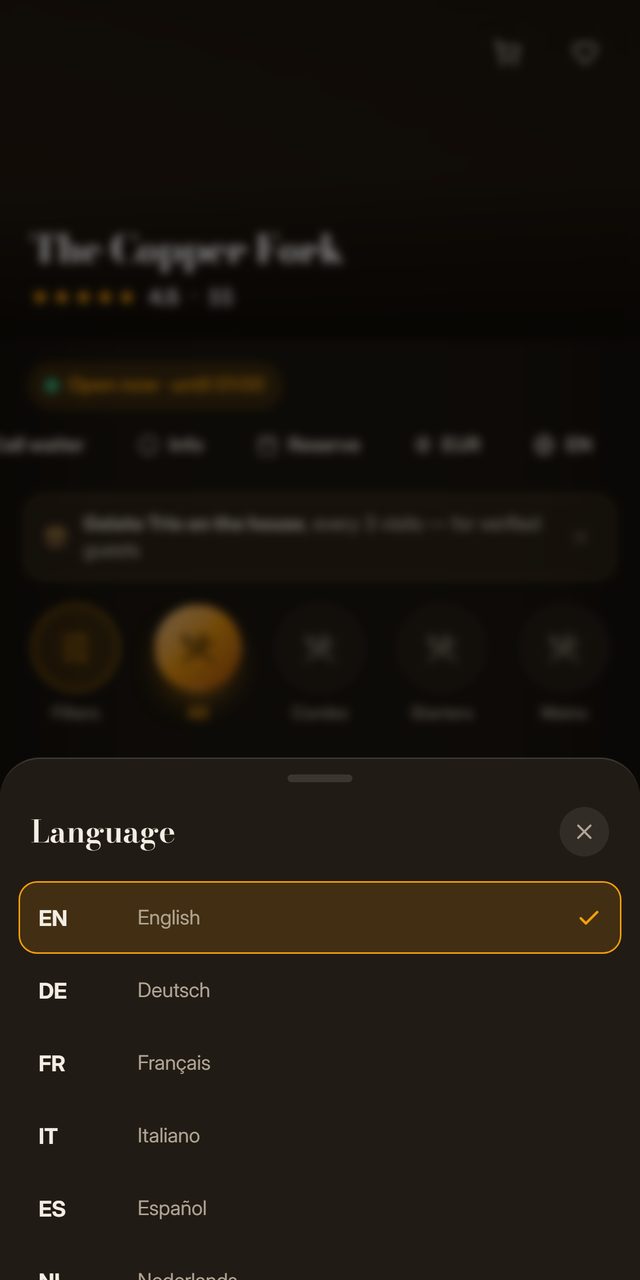 Language picker on the guest menu, each language listed under its own name