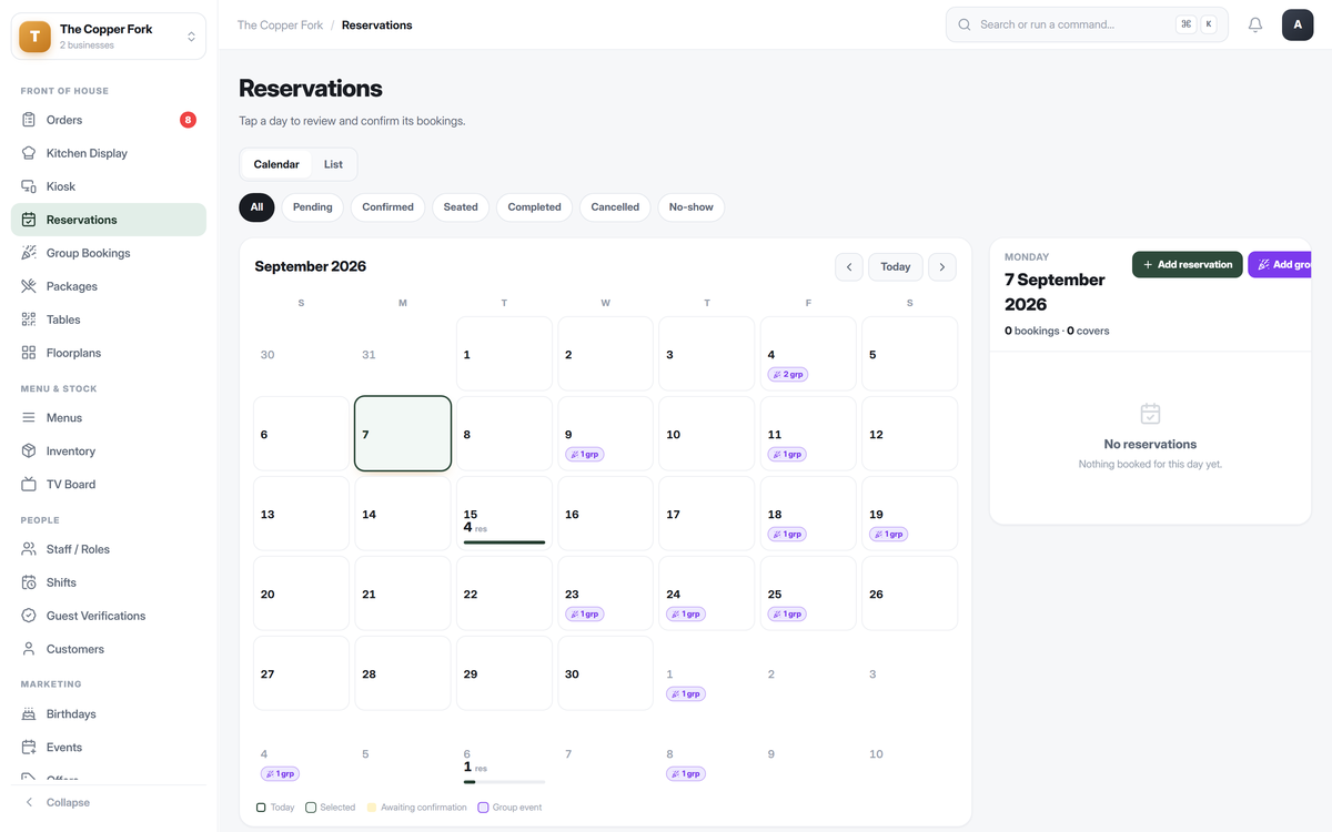 Reservations calendar with the selected day listing each booking, its time and its party size